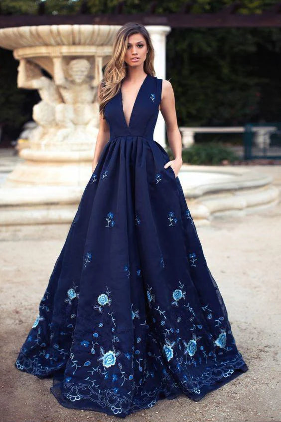 Prom Dresses Stores Elegant A-Line Deep V-Neck Navy Blue Long Prom Dress with Appliques Formal Women's Dresses